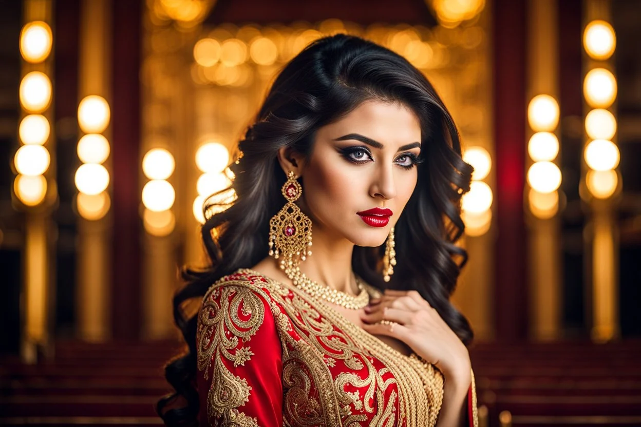 Artistic photography of a beautiful Azerbaijani woman with dark hair and expressive eyes. She is wearing an elegant, ornate red and gold traditional dress (Quba dress) and passionately playing the "Qopuz" (or "Tar"). The scene is set in a modern, luxurious concert hall with minimalist interior, warm wood panels, and dramatic golden lighting. The light glistens on the instrument and the fabric of her dress. Style: hyperrealistic, ultra detailed, 8k.