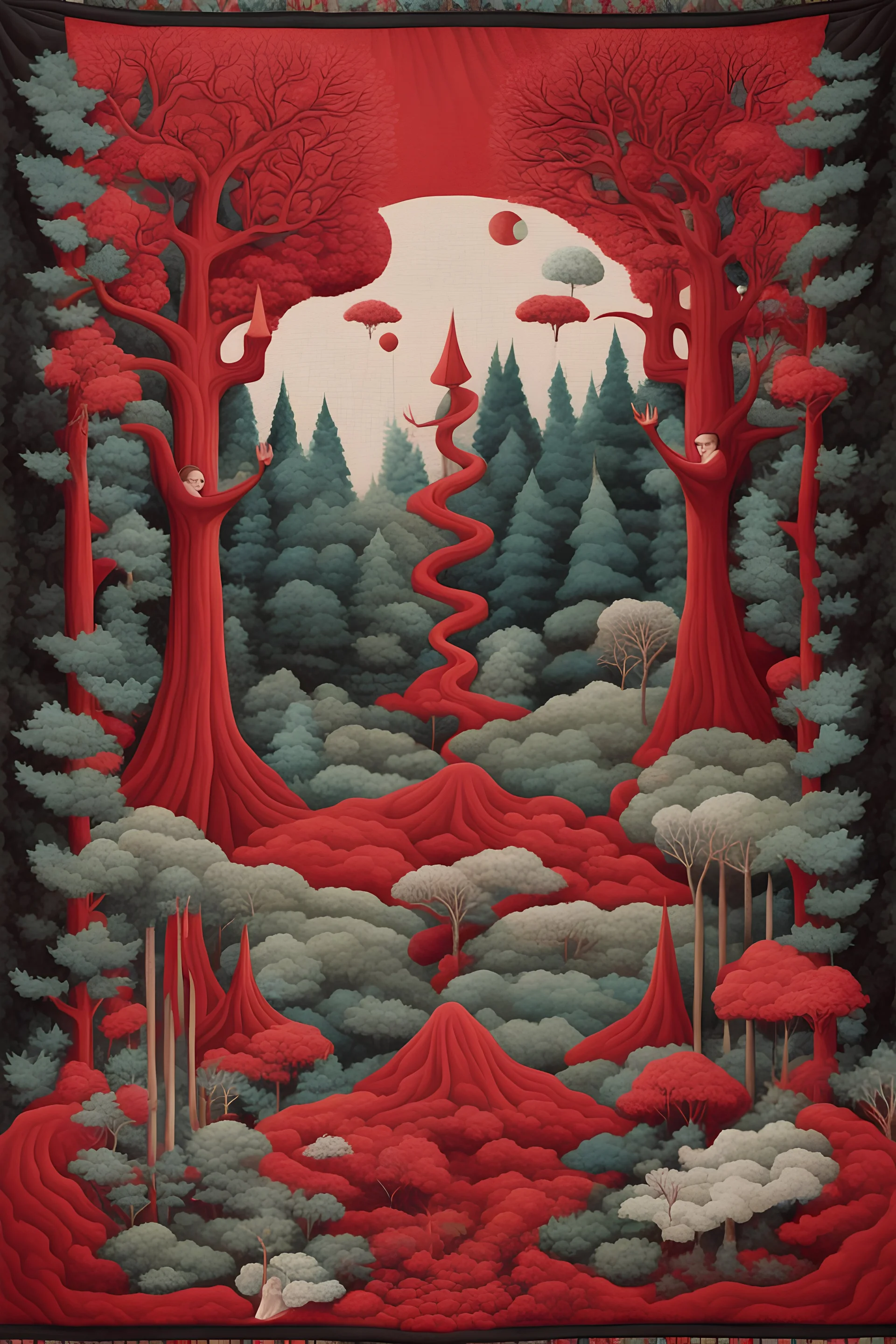 cultivate collage red surreal esoteric in forest, tufting tapestry