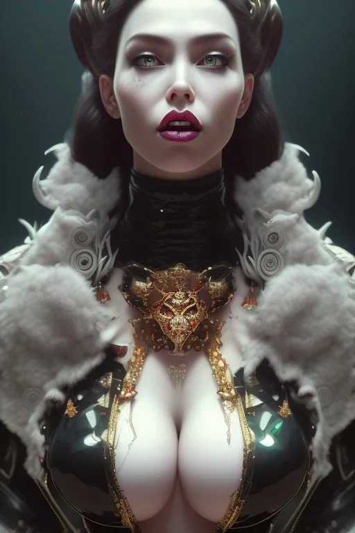 Vivian Wood as evil queen in black leather, busty, cleavage, dominatrix, curvy, angry, stern look. character design by cory loftis, fenghua zhong, ryohei hase, ismail inceoglu and ruan jia. unreal engine 5, artistic lighting, highly detailed, photorealistic, fantasy