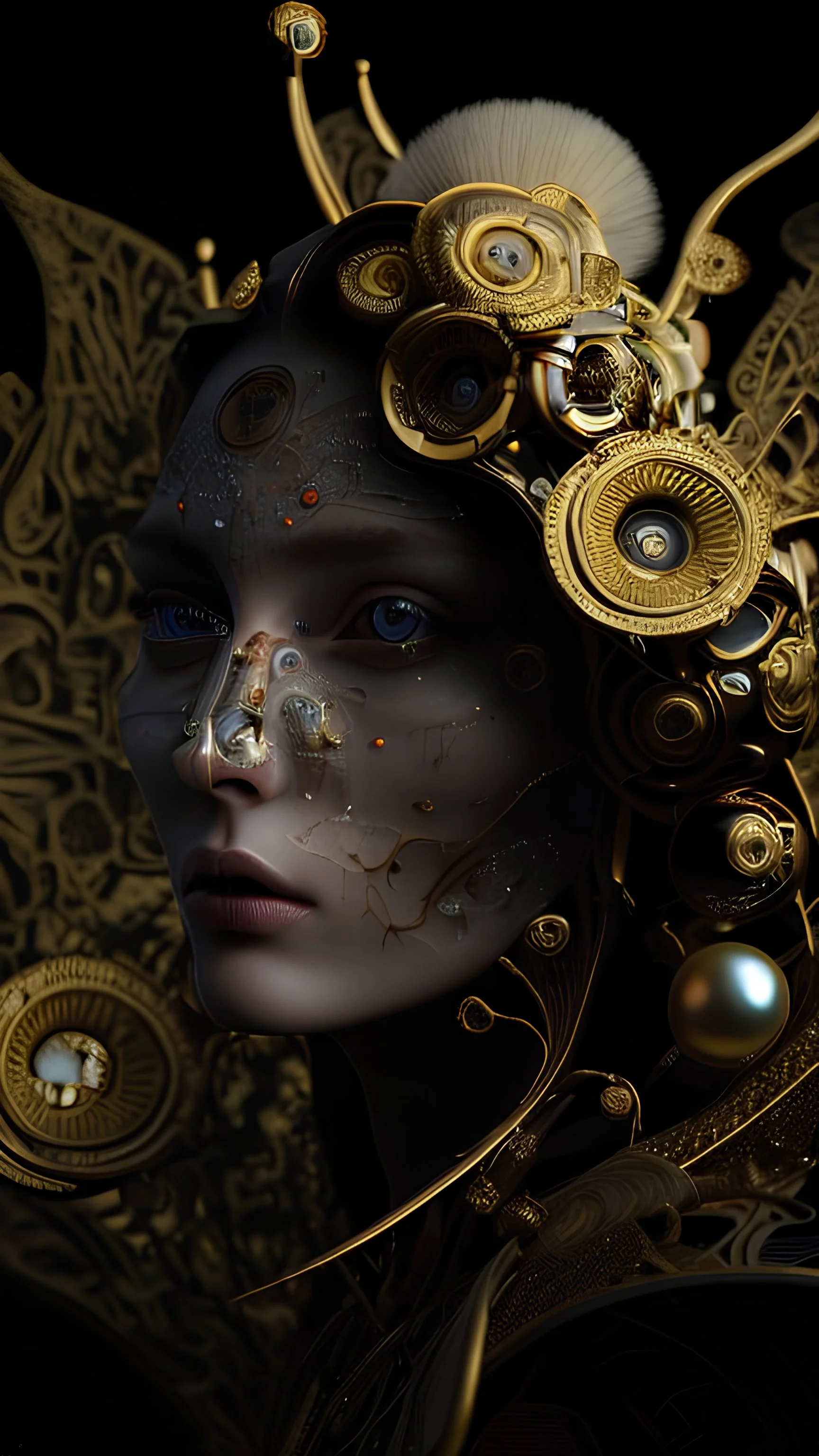 Complex 3d render ultra detailed of a beautiful porcelain profile ronaldo face, biomechanical cyborg, analog, 150 mm lens, beautiful natural soft rim light, big leaves and stems, roots, fine foliage lace, colorful details, massai warrior, alexander mcqueen high fashion haute couture, pearl earring, art nouveau fashion embroidered, steampunk, intricate details, mesh wire, mandelbrot fractal, anatomical, facial muscles, cable wires, elegant, hyper realistic, ultra detailed, octane render