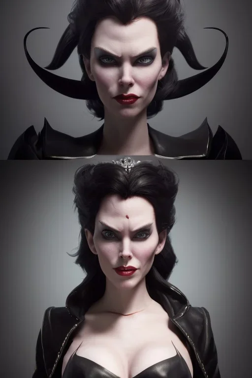 Lene Nystrøm as evil queen in black leather, busty, cleavage, voluptuous, angry, stern look. character design by cory loftis, fenghua zhong, ryohei hase, ismail inceoglu and ruan jia. unreal engine 5, artistic lighting, highly detailed, photorealistic, fantasy