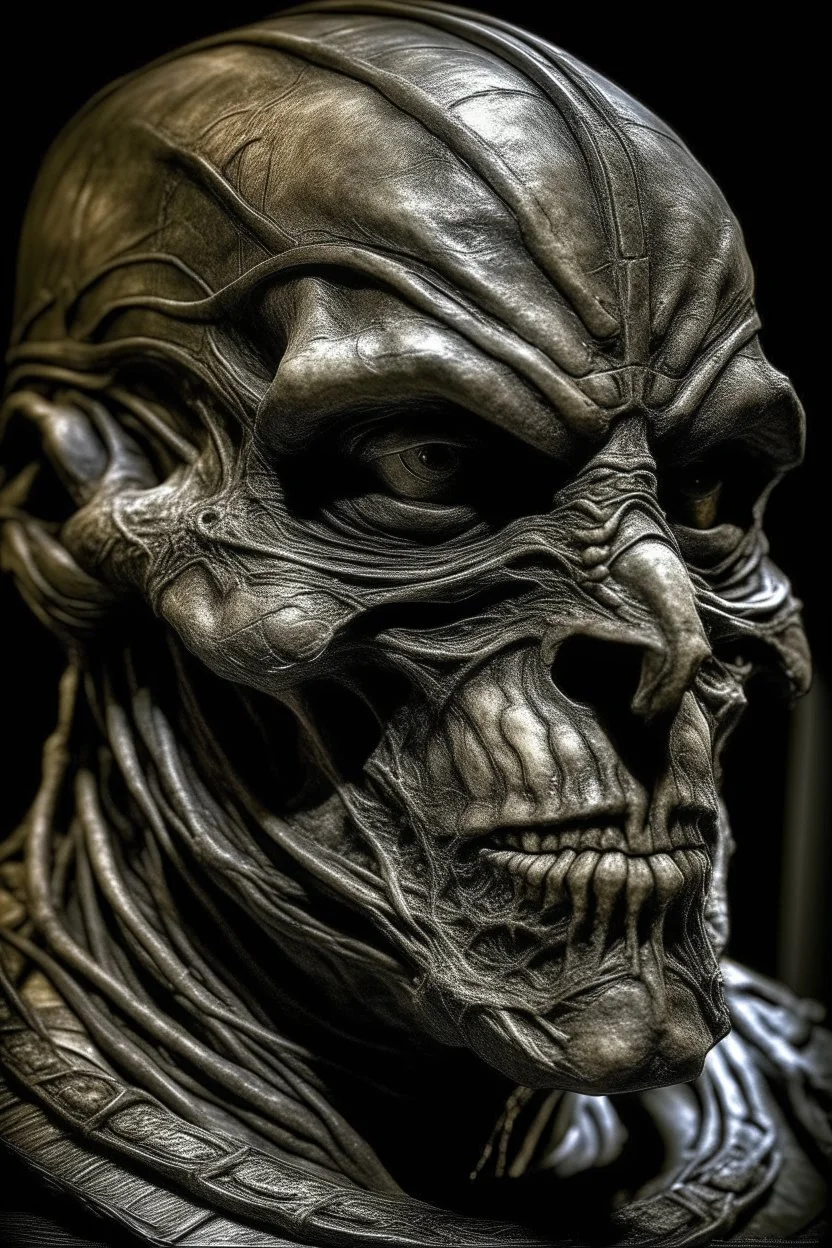 sculpture of dark side of a he man with iron mask . Scary face , decayed and rotting with grotesque proportions and imagery. abstract grotesqueries, detailed texture, surreal horror, biomechanical design, by hr giger and beksinski