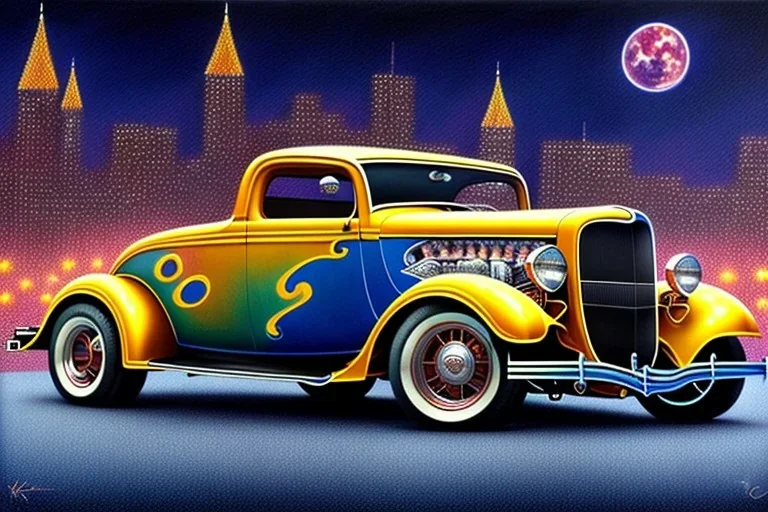 a true-to-life 1932 ford coupe deluxe, centered, intricate, extreme detailed, photorealism, center view, city background, pivot on ford, pen and color marker, painting by cheryl kelley