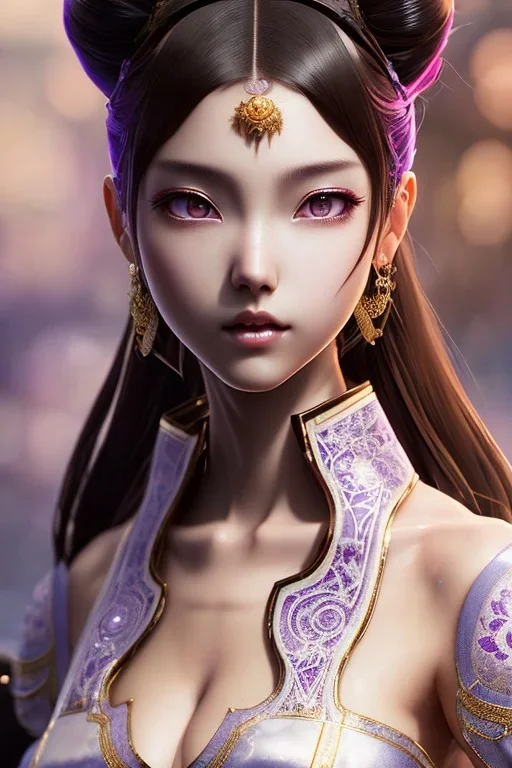 Detailed cute anime Kunoichi girl, brown hair buns, purple bangs, latex bodysuit, intricate details, full body portrait, keep head in frame, slight smile, black Japanese motif, concept art, highly detailed, digital painting, concept art, sharp focus, illustration, art by Yoji Shinkawa, WLOP and greg rutkowski and alphonse mucha and artgerm and yanjun Chen and Junji ito and Makoto Shinkai, HDR, octane render