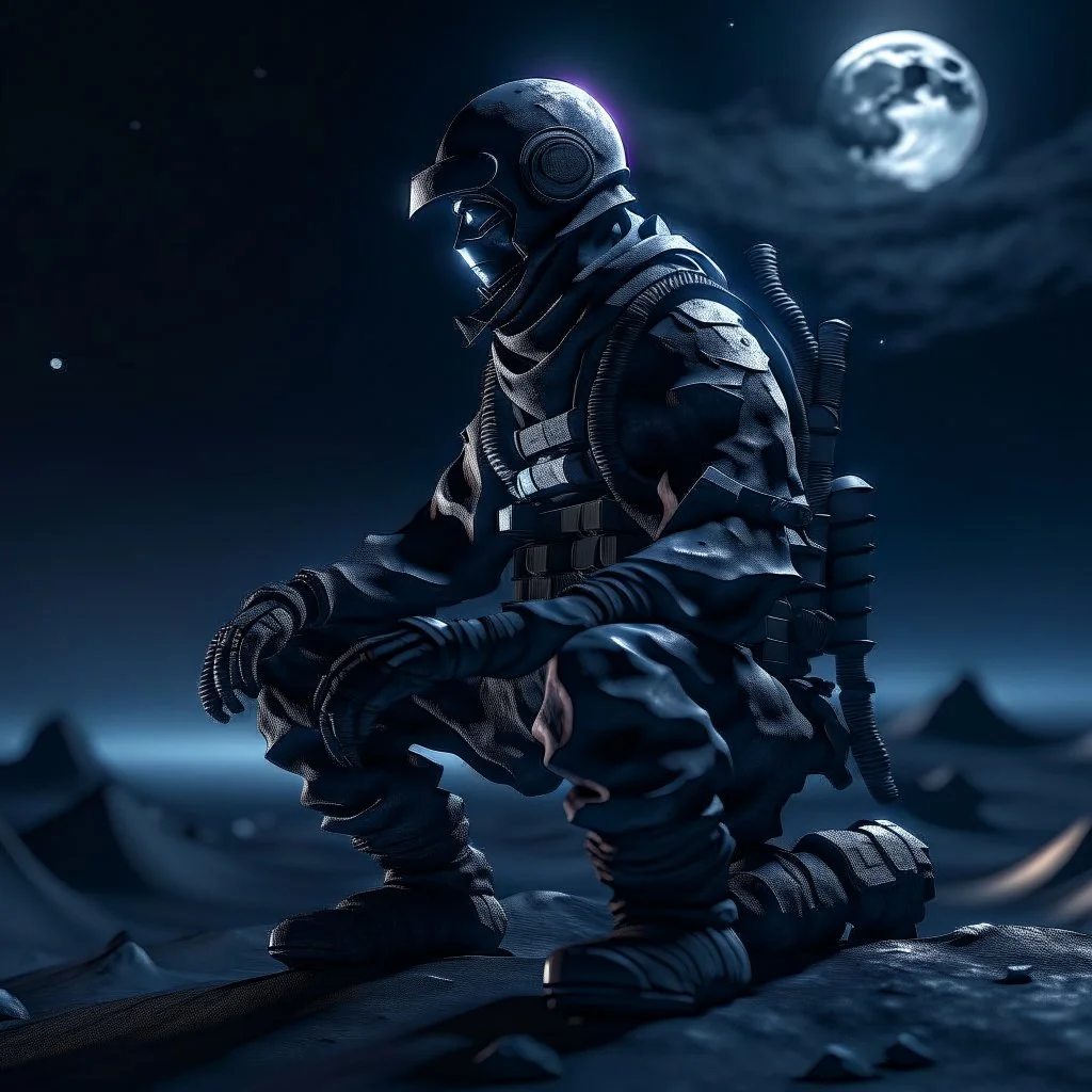 the last ninja on moon patrol, 8k, down-light, soft light, depth of field, photo realism, trending on art station, high detail