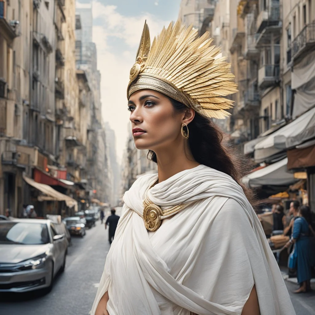 [Part of the series by Jean-Paul Mousseau] In a bustling city, a woman resembling Athena emerges, exuding wisdom and strength.