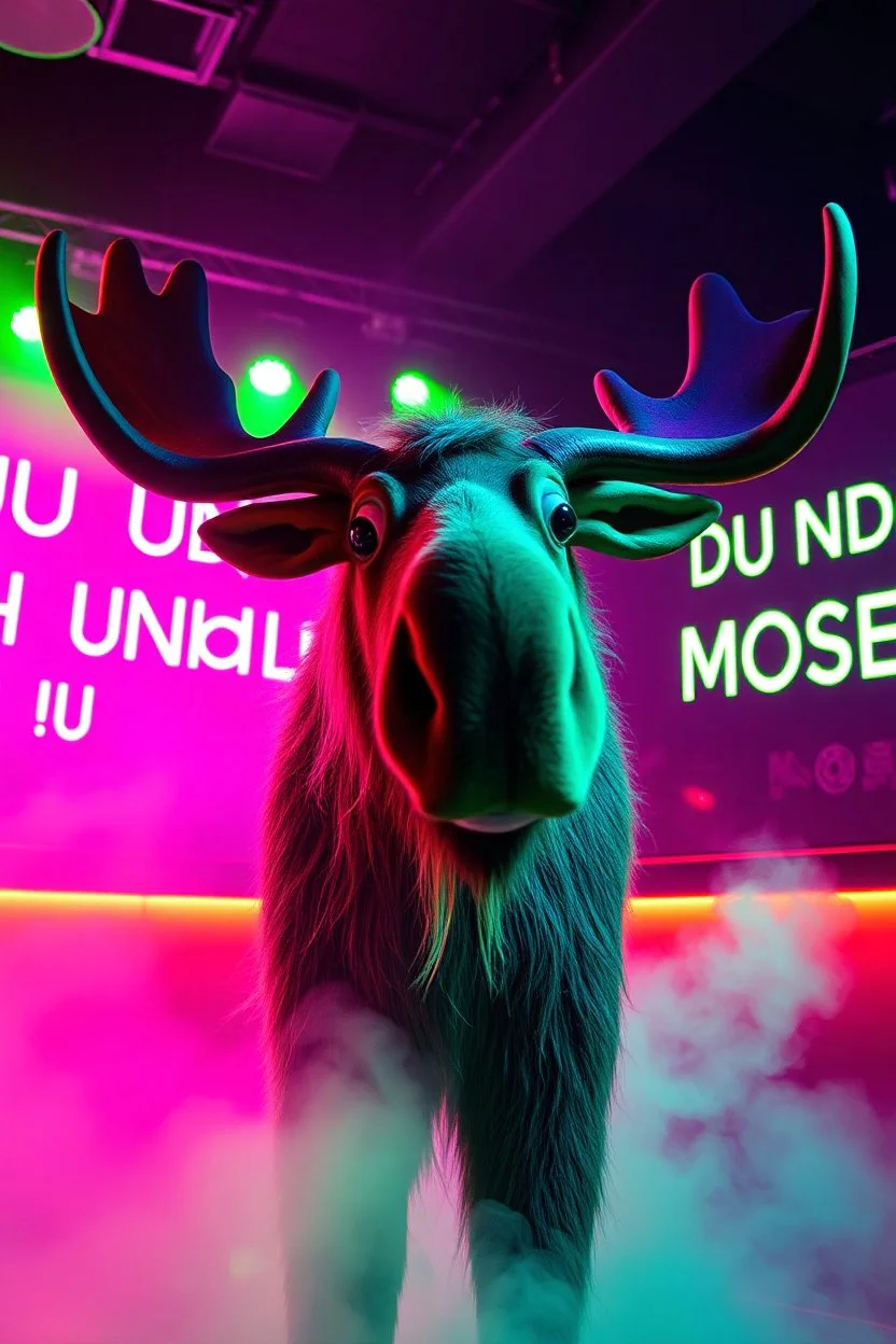 An big female moose with big eyes "Veronika Moser" performing at dance club, her name is "Moser" HAIRY FRUITS EVERYWERE On stage, Green Neon lights and smog, "DU UND ICH UND MOSER" big sign on the wall