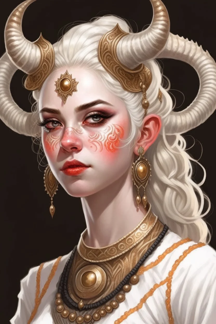 A teenage tiefling woman with a set of ram horns on her head encrusted with jewels, White-Blonde hair, black eyes, no pupils, dressed in white and gold with lots of jewelry