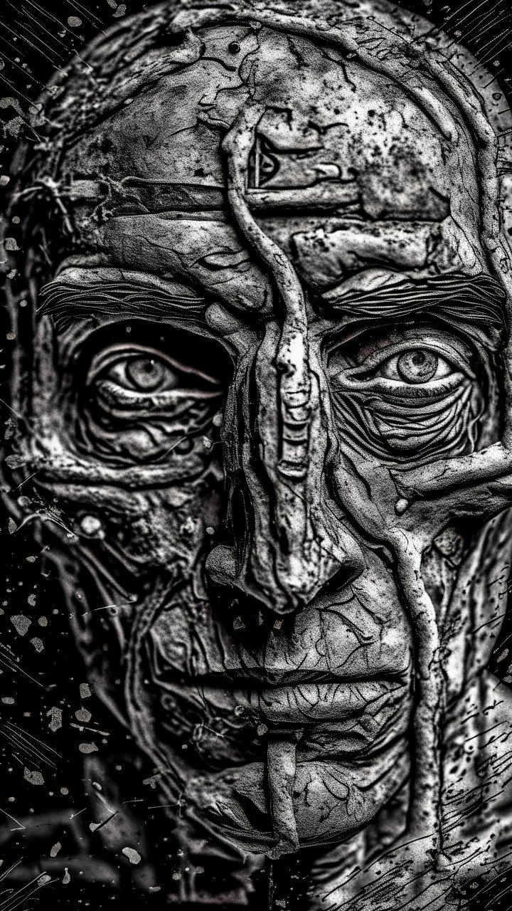 Bosch style painting , A balled face in details . The texture of the face is a collage of many 3D black random letters covering the whole face and the eyes are covered by caves figures