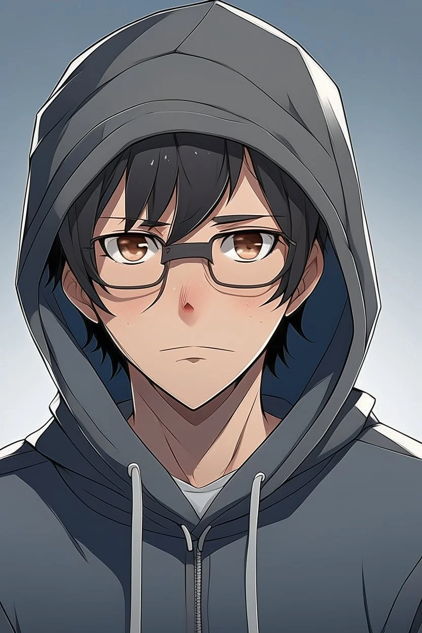 Anime man with glasses, wearing a hooded sweatshirt