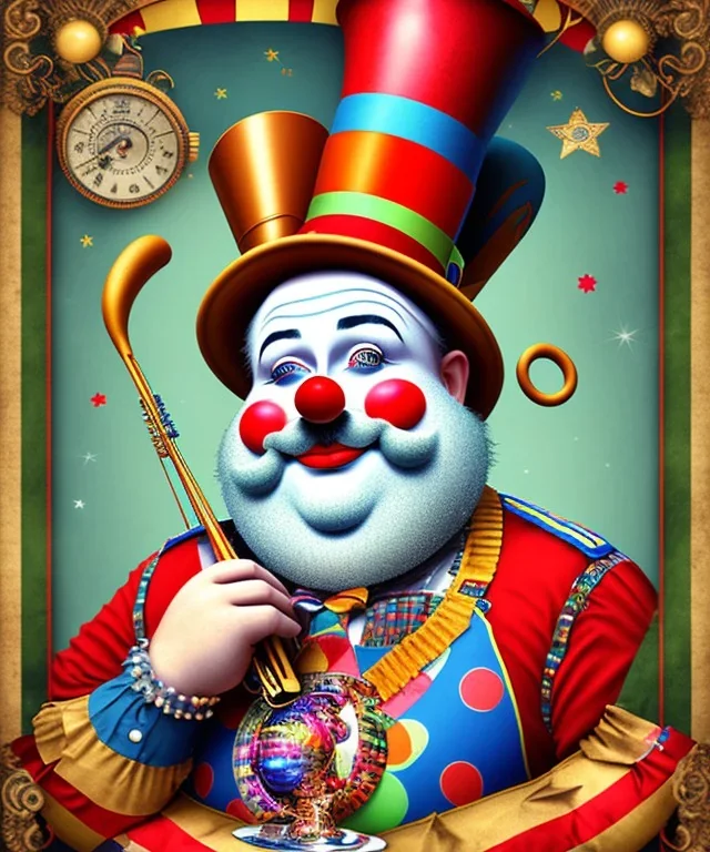 happy old friendly fat clown with trimmed beard playing jazz with a steampunk theme, circus, realistic