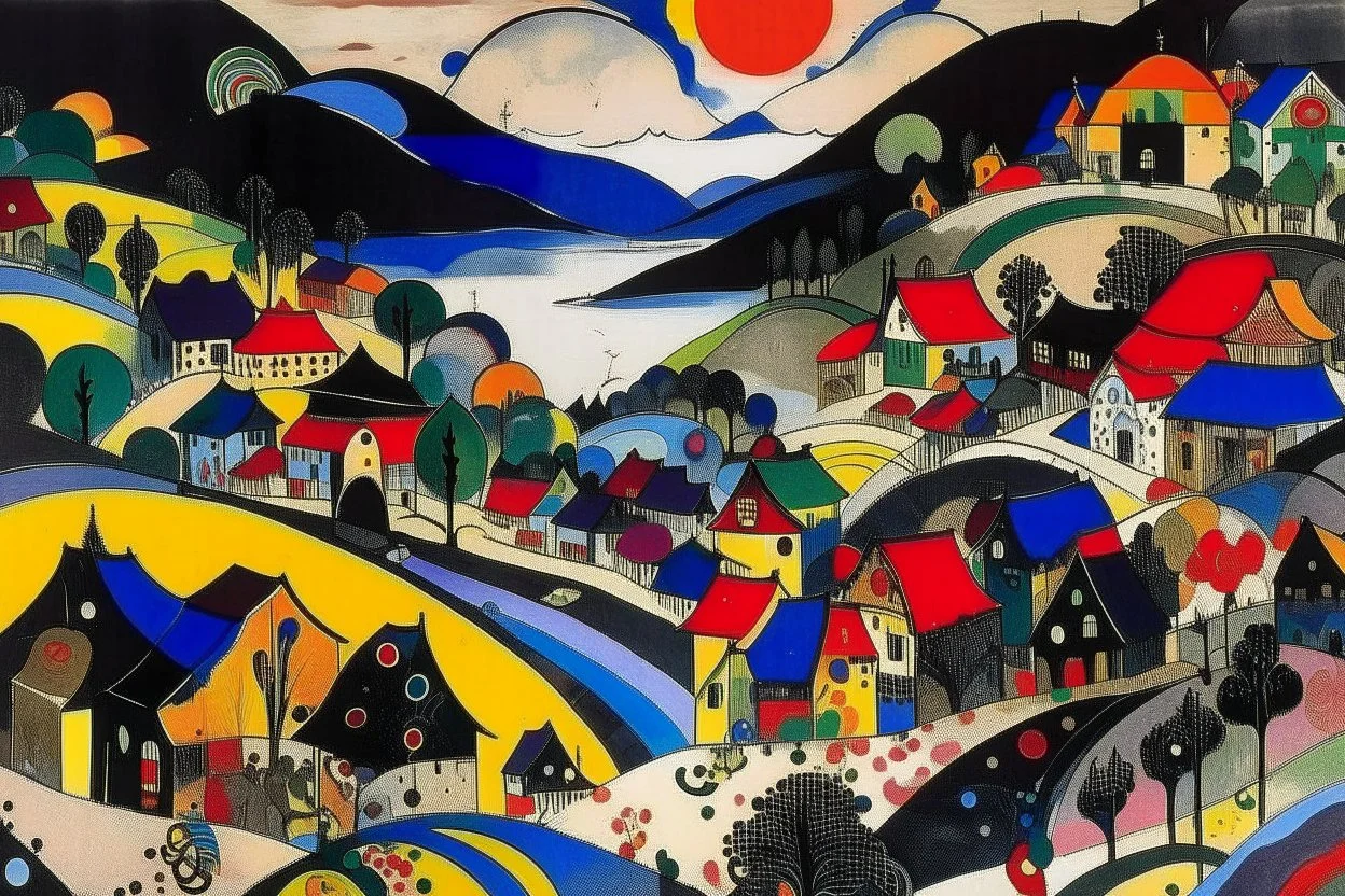 A black Japanese village in a shadow realm painted by Wassily Kandinsky