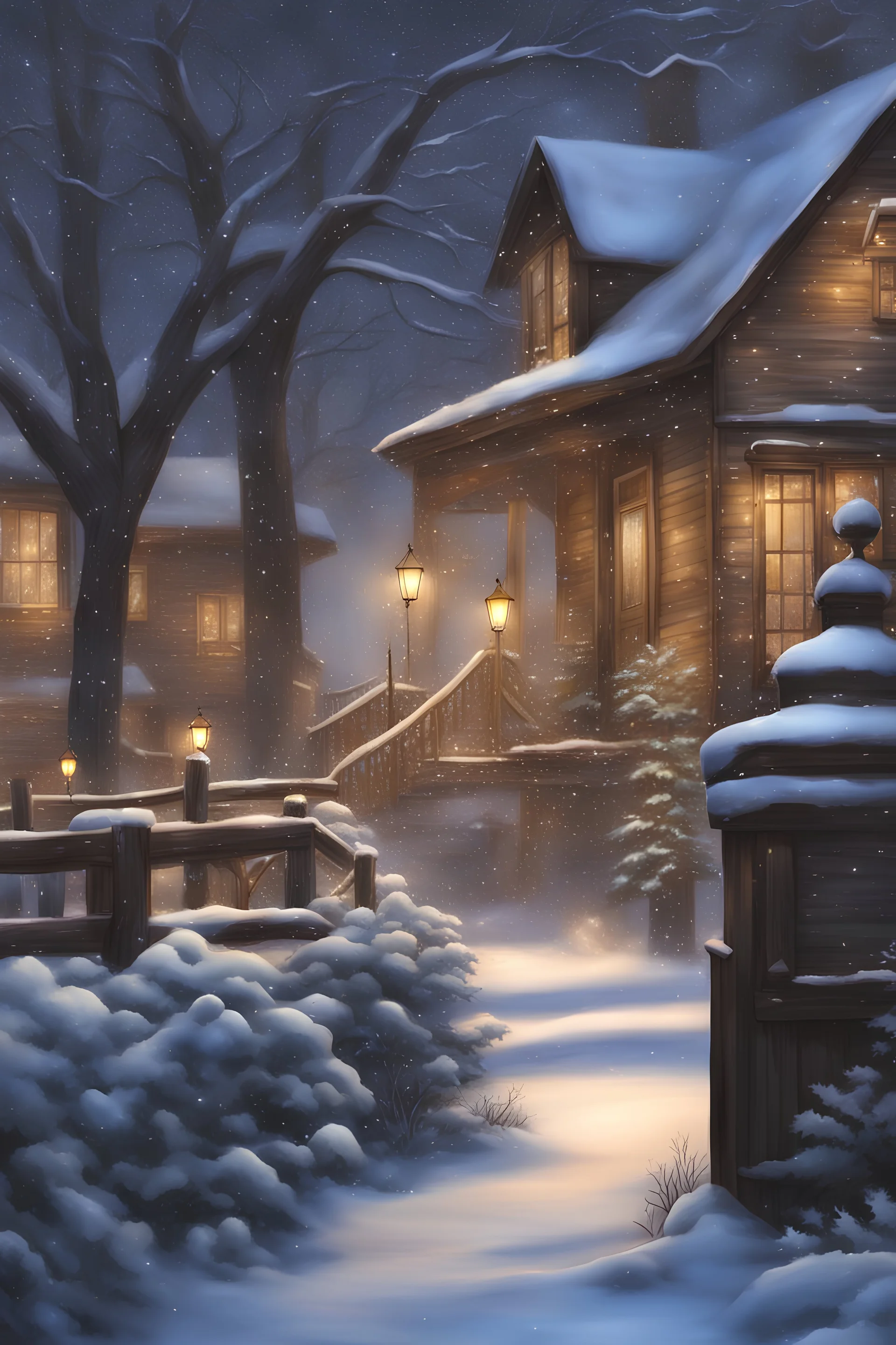 Beautiful old fashioned outdoor scene in winter, pretty lights, realistic, artistic, very detailed, snowy