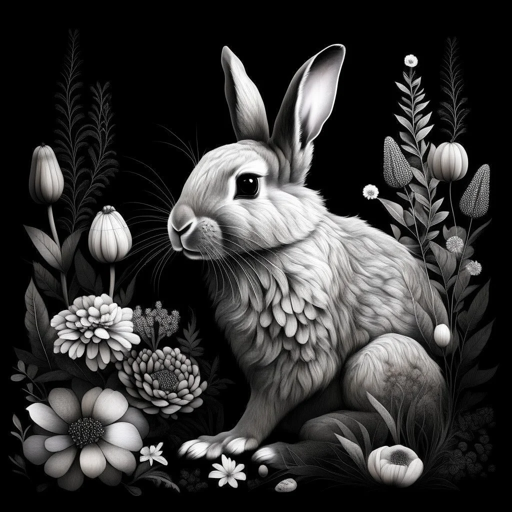 a beautiful rabbit between seeds and big flowers black background .black and white colors. for coloring . with grayscale