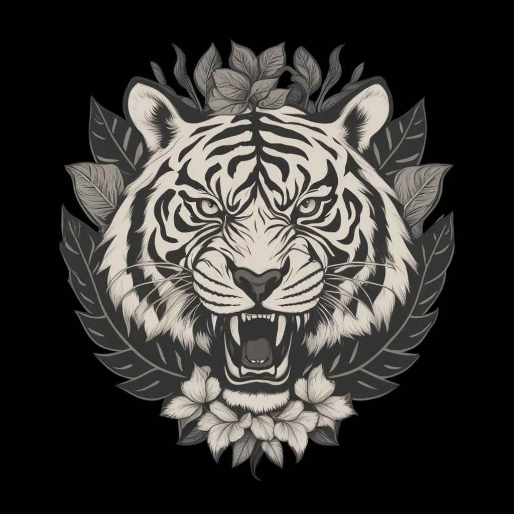 The picture is a black and white image of a tiger's head. The tiger has its mouth open and is showing its teeth. There are some leaves and a flower around the tiger's head. The image is on a white background.. Vintage T Shirt Design And Vector Illustration.Vector t shirt design on a white background