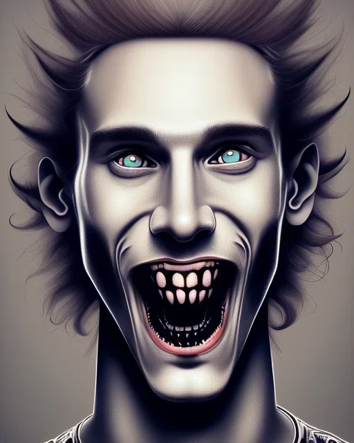 A skinny and relatively tall guy with wild curly blond hair, smiling with teeth and wearing black skinny jeans and a t-shirt. tim burton style