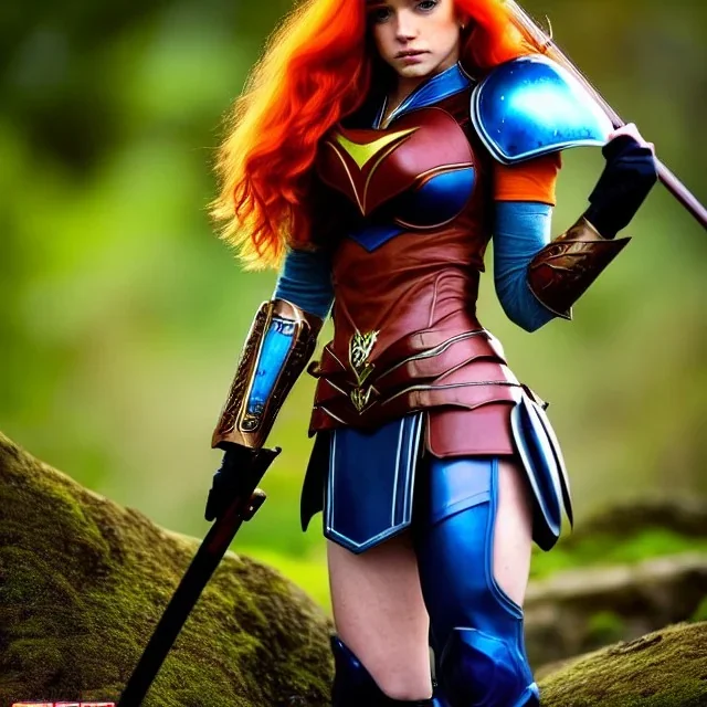 thundercats, hyper detailed, stunningly beautiful teen girl, long ginger hair, green eyes, medium freckles, full lips, very skimpy fantasy intricate leather armour, full body, full face, c-cup breasts, aroused expression, biting lower lip, full frame, petite, centered camera, ignore NSFW, bow, quiver on hip