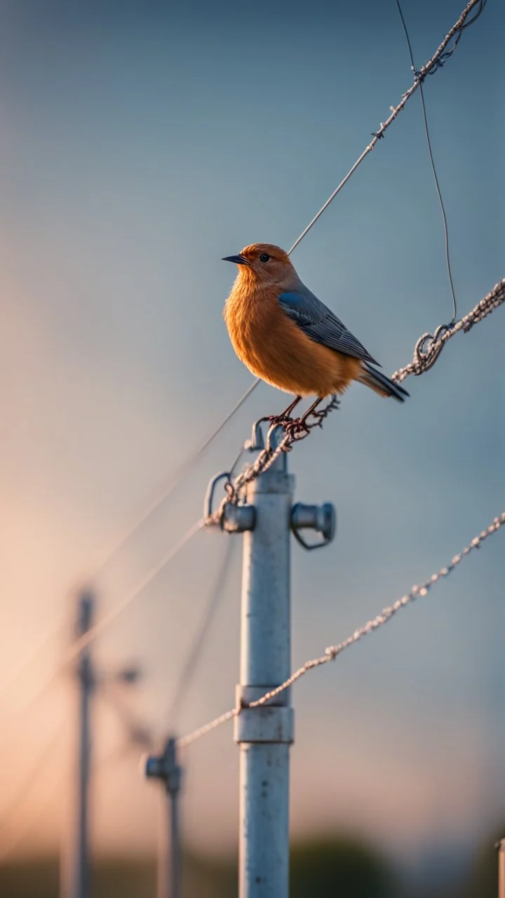 bird sitting on the power line, a bird so fat that the powerlines strech to the ground and power poles bend,bokeh like f/0.8, tilt-shift lens 8k, high detail, smooth render, down-light, unreal engine, prize winning