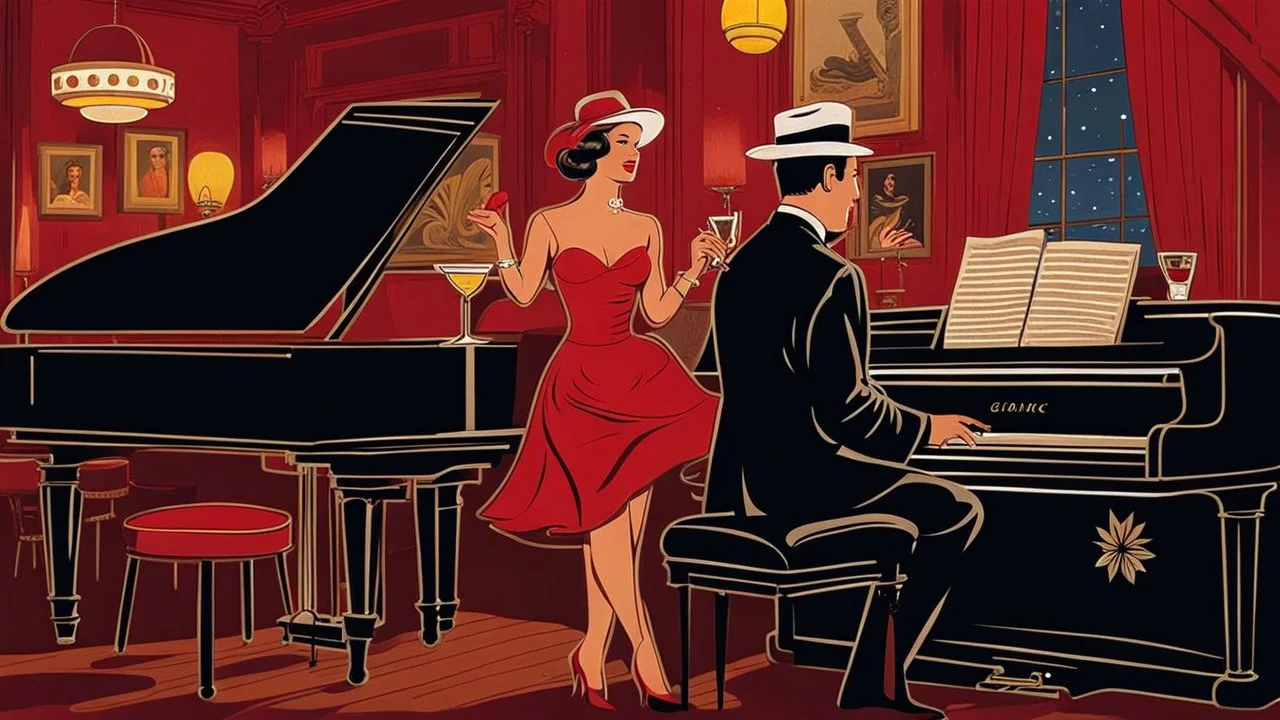 in a 1960s American jazz pub a man in hat and dark suit playing the piano , next to the piano standing and singing a beautiful woman in red dress . The atmosphere is warm happy and intimate, with soft, golden lights casting a glow over the wooden tables and chairs. Guests in retro attire enjoy their drinks and cigarette smoke gently swirls in the air. The intricate details and sharp focus , photorealistic