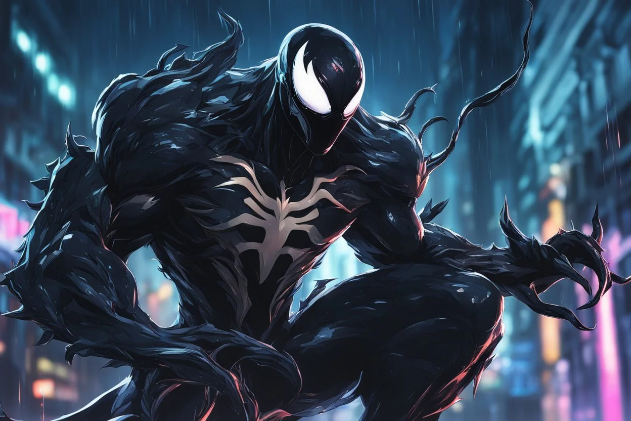 Venom kindred in 8k solo leveling shadow artstyle, machine them, close picture, rain, neon lights, intricate details, highly detailed, high details, detailed portrait, masterpiece,ultra detailed, ultra quality