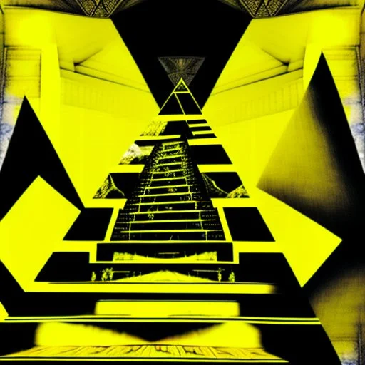 Double exposure of a black and yellow photo of the face of the pharaonic goddess Nefertiti and stairs inside a pyramid, black and yellow photo, a staircase, by John Alexander, stairs, a winding staircase inside a pyramid, inspired by Jerry Schatzberg, stairs to heaven, fine art photography, by Rodolfo Escalara, illustration, by Albert Cotin, beautiful, stairs, inspired by Rudolf Hausner, staircase 1