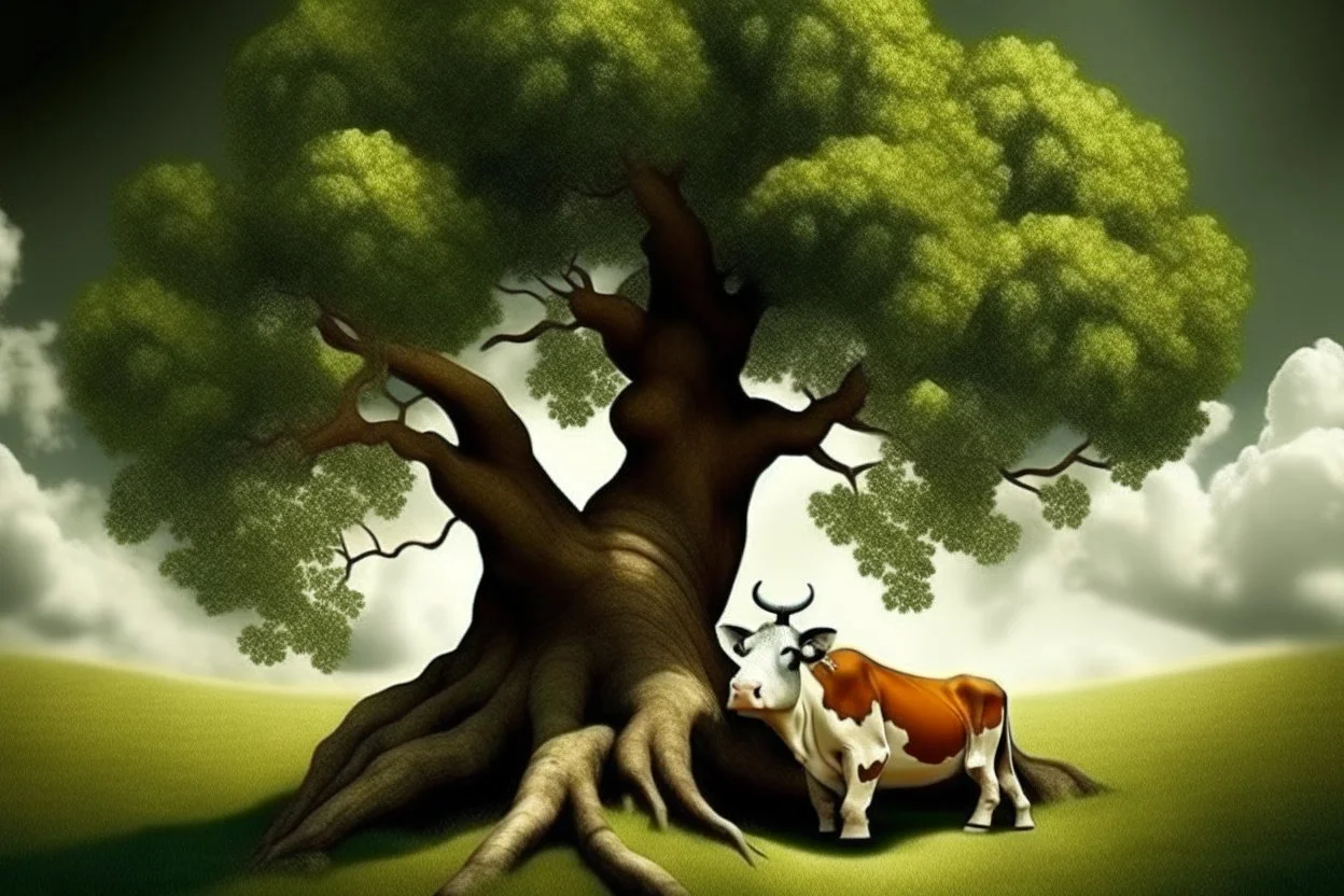 cow stuck in a tree surrealist style