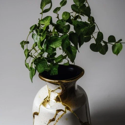 photo of a cracked ceramic vase repaired with gold, kintsugi, beautiful, vines and leaves, rosebuds, delicate, cinematic, high detail, beautiful composition, delicate arrangement, aesthetic, soft lighting, award winning photography, tender