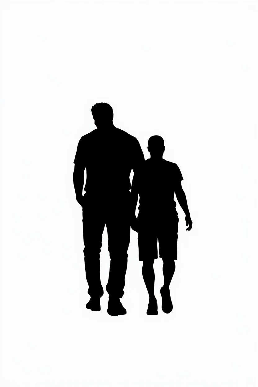 black silhouette of two adult men, one tall and muscular, the other short and thin, walking away from the camera on solid white background
