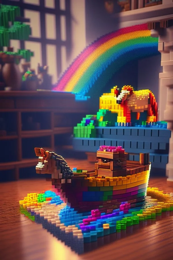 LEGO Noah's ark with animals, rainbow, on a carved table in a living room pixel art Unreal Engine digital painting highly detailed crisp quality award winning 4k colourful intricate very attractive beautiful imperial colors dynamic lighting sharp focus fantastic view