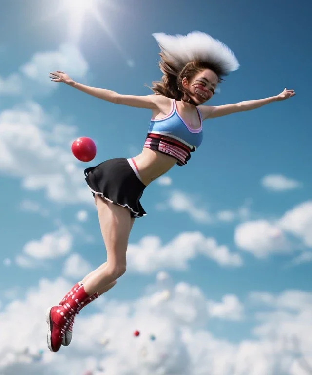 Ultra realistic speed clouds sky scene, wide angle view, cheerleader teenager falling down with many Children background, inflatable monsters, circus dress style, feather color, free jumping flying, many trinkets, hair monster, many jelly beans, balls, color smoke, smile, happy, extreme, wind, clouds sea, 20,000 feet altitude, stratosphere, soft color, highly detailed, unreal engine 5, ray tracing, RTX, lumen lighting, ultra detail, volumetric lighting, 3d, finely drawn, high definition.