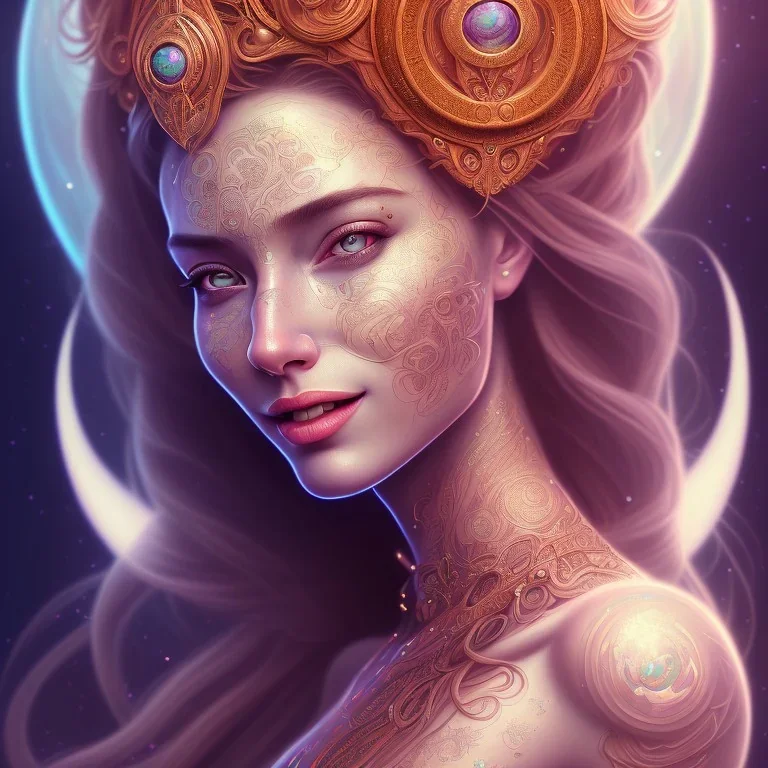 Portrait of woman goddess of love, smiling, sango fantasy, fantasy magic, intricate, sharp focus, illustration, lot's of grain on the skin, tribal tatoos,highly detailed, digital painting, concept art, matte, masterpiece beauty space lady, one head, high key lighting, volumetric light high details psychedelic background