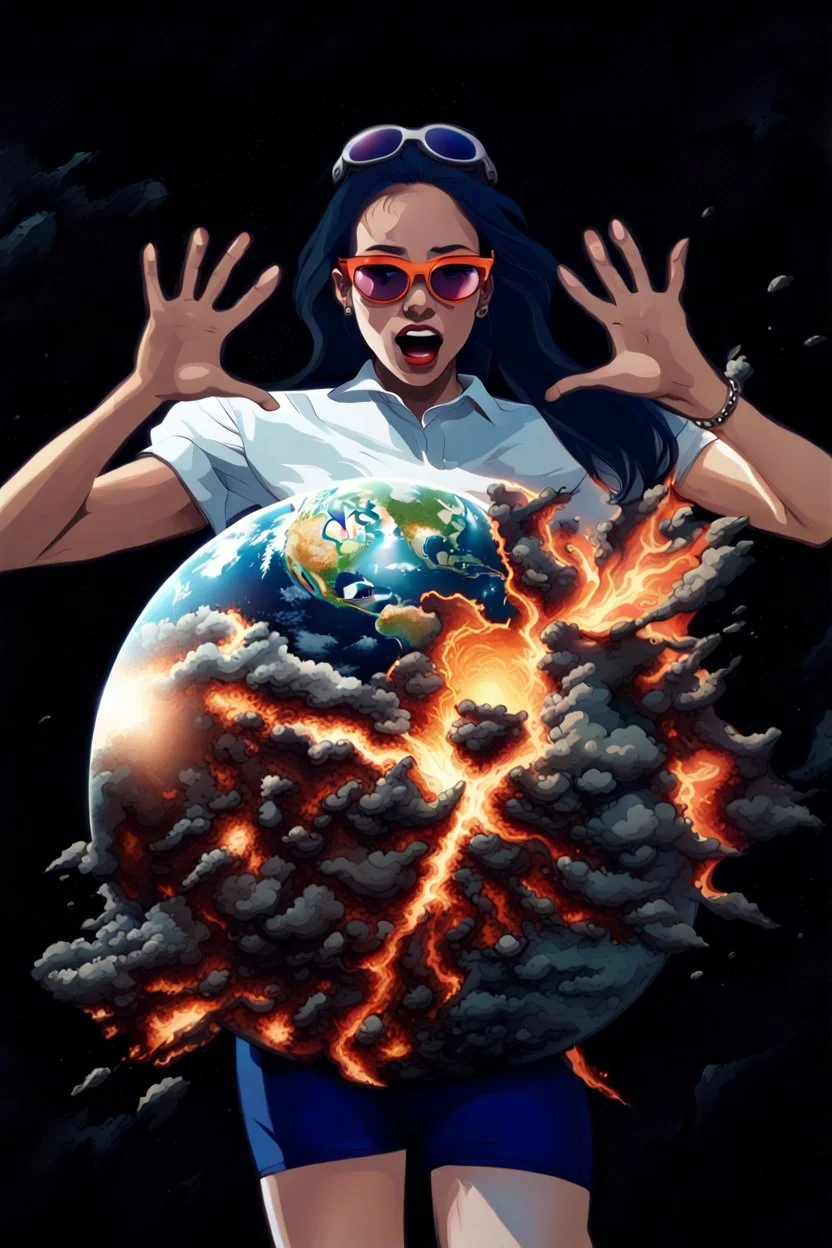 An image of a young woman with a surprised expression, holding her hands up as if she is reacting to a catastrophic event in front of her. She is wearing a white blouse with detail, blue shorts, and sunglasses pushed up onto her head. In front of her, there is a highly detailed planet resembling Earth, dramatically cracking and breaking apart with fiery explosions and molten lava visible at the fractures. Debris is flying outward from the planet. The background is a plain, solid color to emphasi