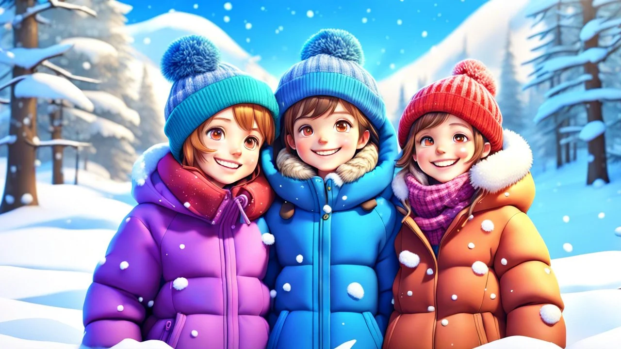 cute detalied 3d illustration from one boy and one girl dressed warmly in coats and hats, enjoying a day out in the snow together and play in snow. They are both smiling and embracing the cold weather, winter scene, detalied, 3d anime, aesthetic design, snowy landscape, beautiful shot, stunning, cinematic