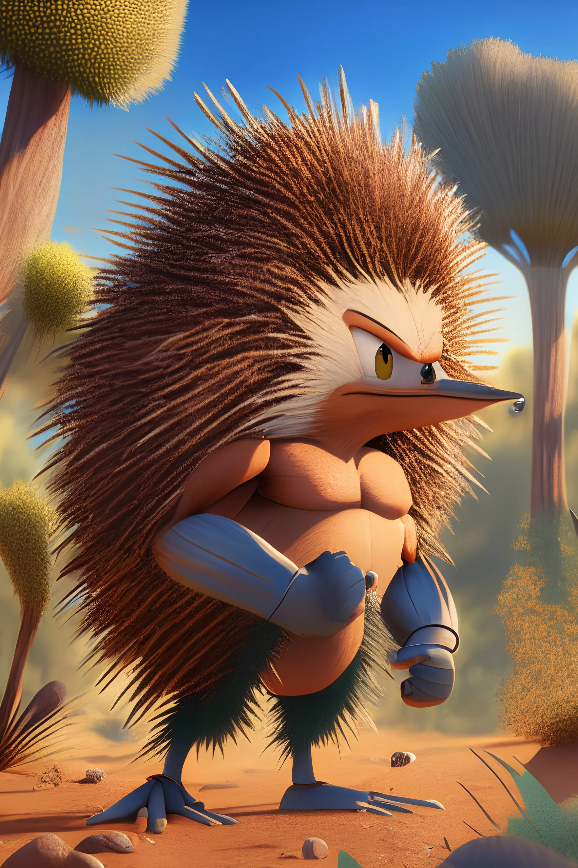 echidna bodybuilder, comic book, disney, pixar, autodesk maya, high quality masterpiece, Australian bushland landscape, flora, fauna, high definition, 2D, illustration, high contrast, ultra detailed, 8k, anime,