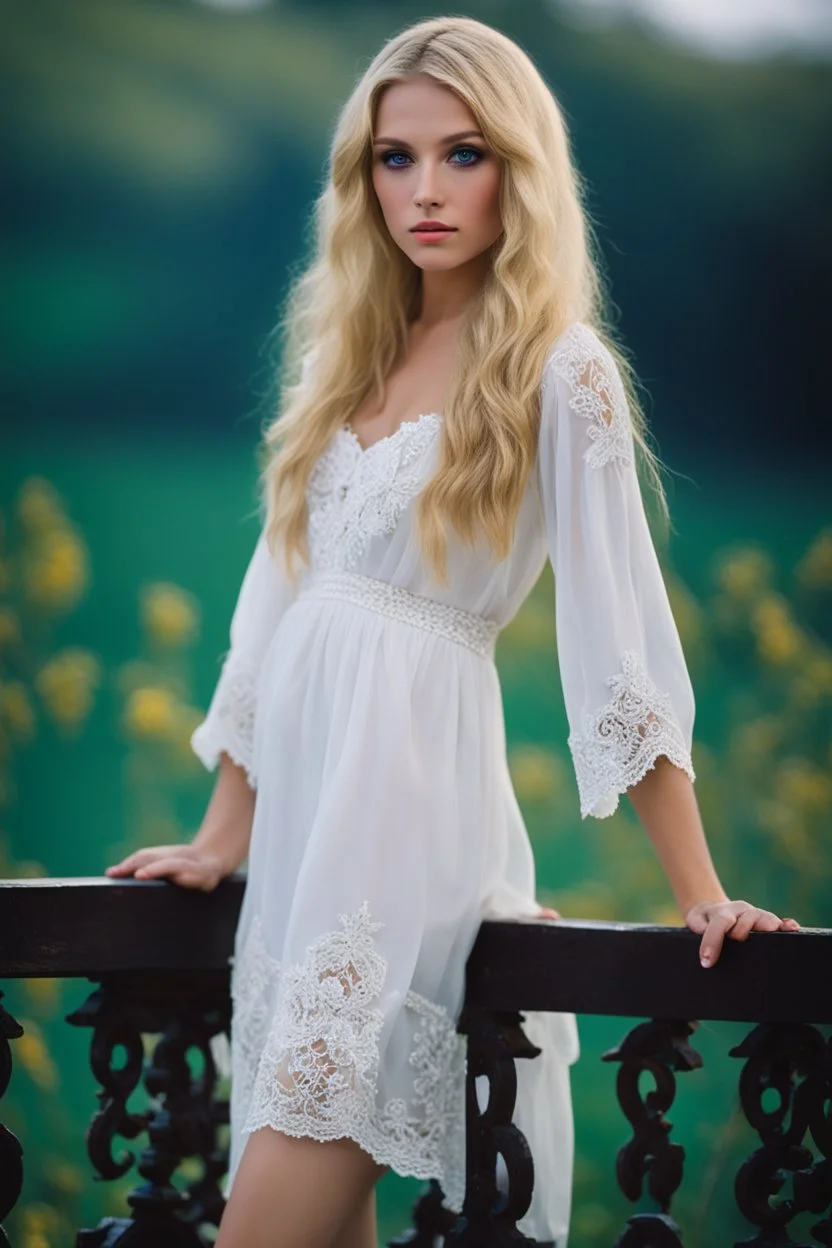 young woman small in stature Her features were soft, and her blonde hair framed her petite face.she wore was a thin white nightdress, which ended just above her knees. green/blue eyes