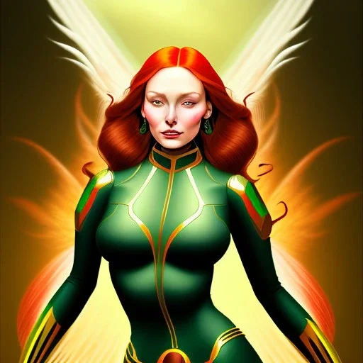 portrait of a beautiful busty Jean Grey with green eyes riding a phoenix by Sandro Botticelli style