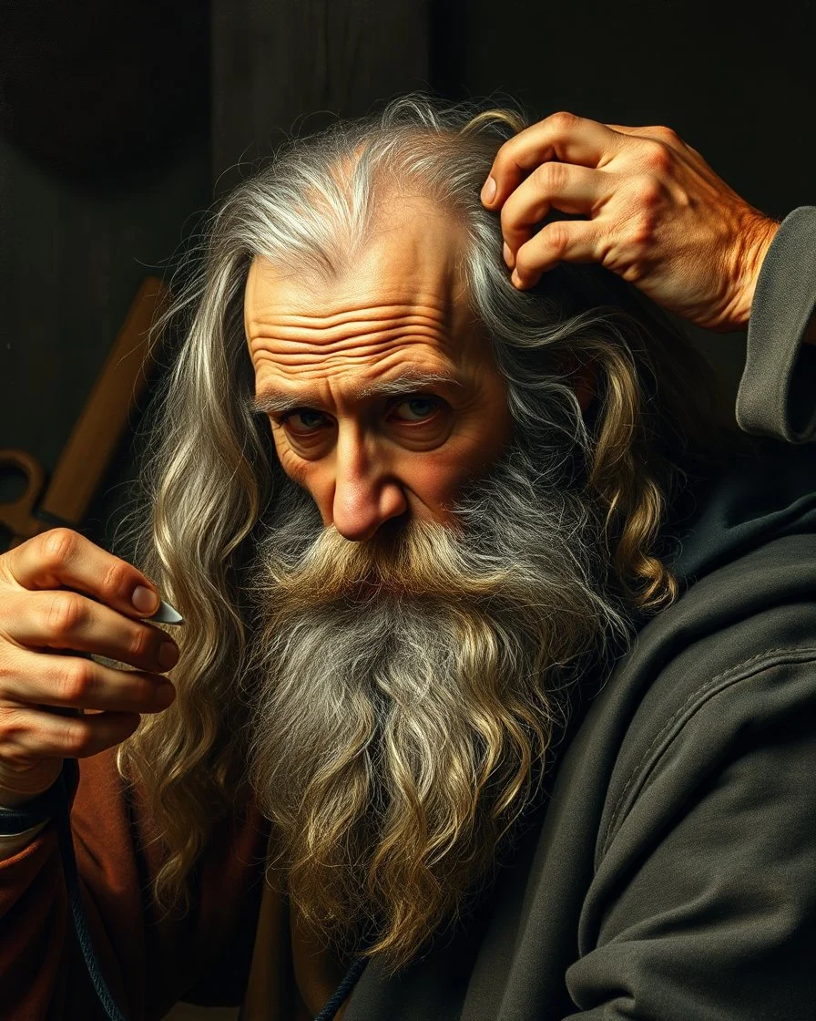 Bosch painting style ,nightmare, a barber kitting a the hair of an old man with long hair and beard from the the 7th century