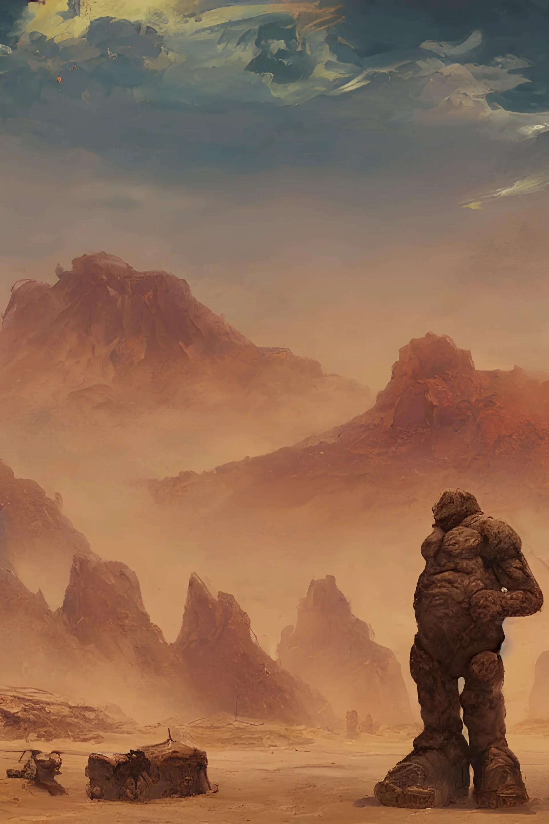 Panorama view of a giant golem in a desert, oil painting, by Greg Rutkowski