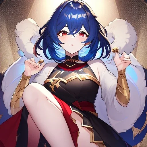 Clear focus, High resolution, rough line art, cute, cartoon, medium blue hair, hair between eyes, fluffy hair, red eyes, super cool outfit with a split skirt, black red and gold color scheme, wearing a short skirt, barely revealing