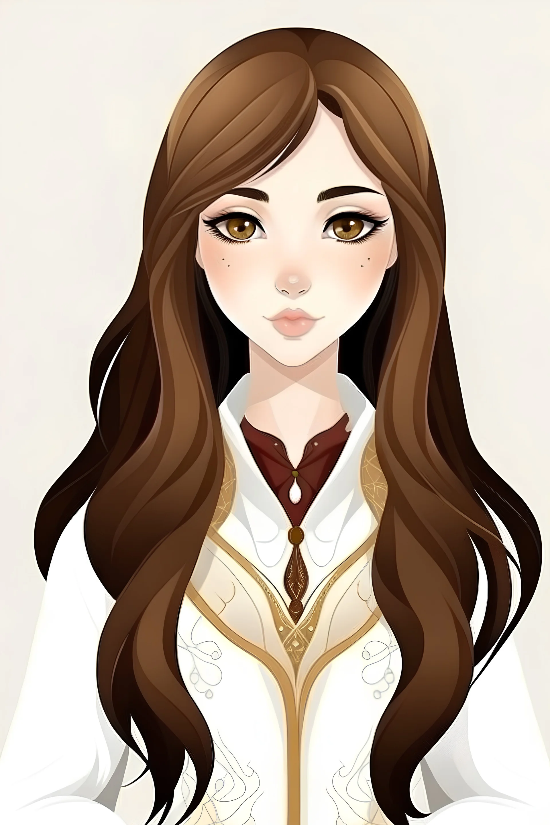 mujer adulta avatar ojos oriental color marron, linda pelo largo lacio piel trigueña estatura media coqueta con abrigo blanco