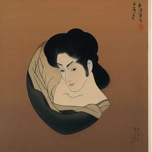 portrait of a woman with sparkling brown eyes and dark hair in the style of Katsushika Hokusai and René Magritte