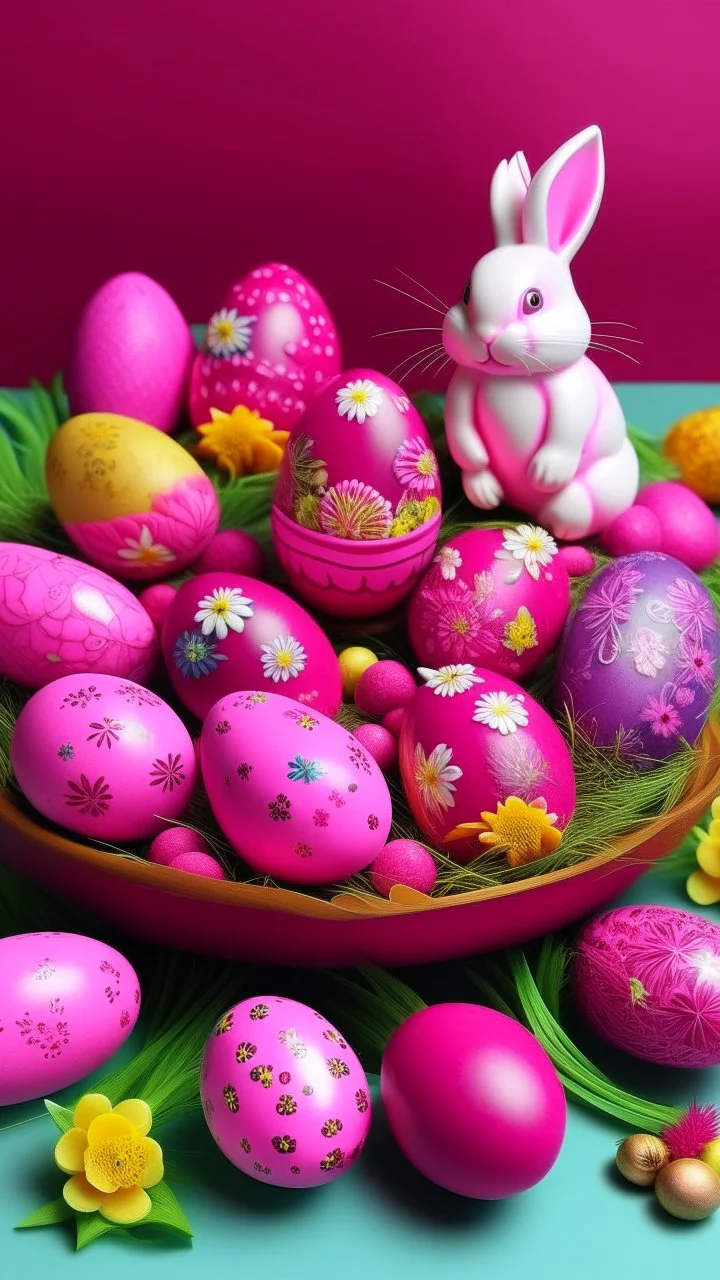 A purplish magenta Easter themed plain with eggs and bunnies painted by Cai Jia