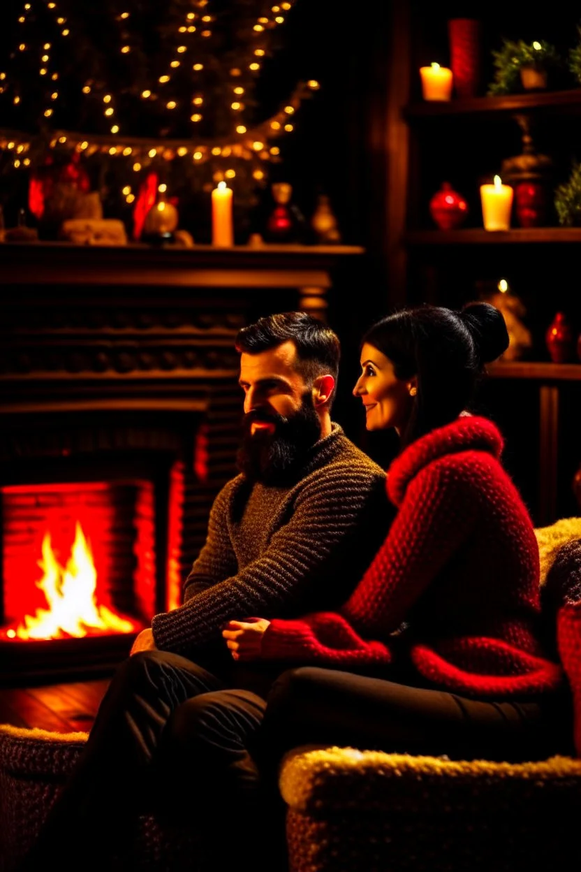 Fire place Christmas scene, dark haired couple, man with short black beard, blue eyes, cozy