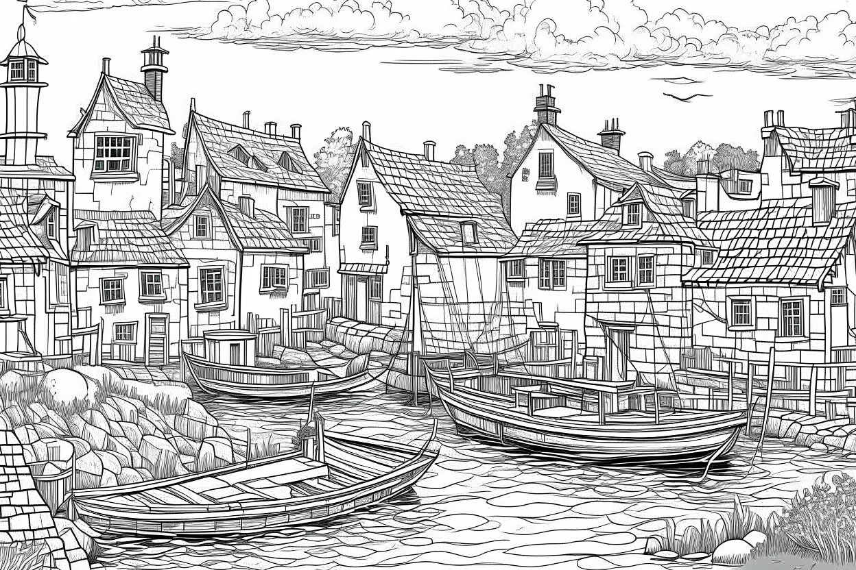 English fishing village thin lines line art