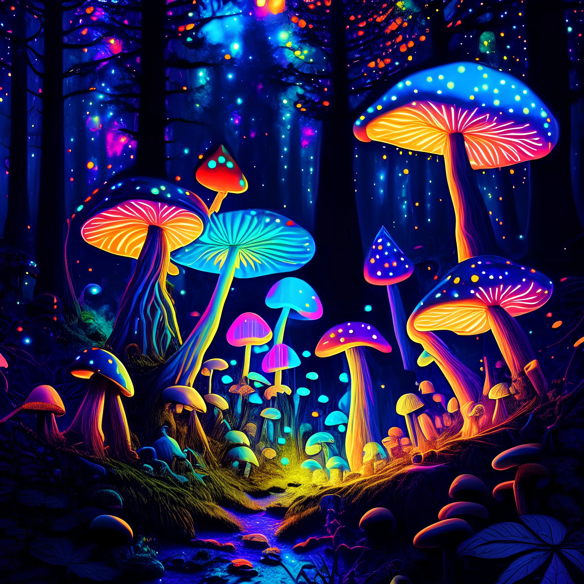 Magic mushrooms in a mysterious forest, colorful fairies, psychedelic night, beautiful stars, high resolution, fluorescent colors