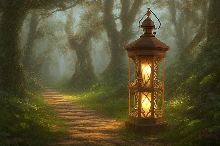 wooded forest stone path lantern