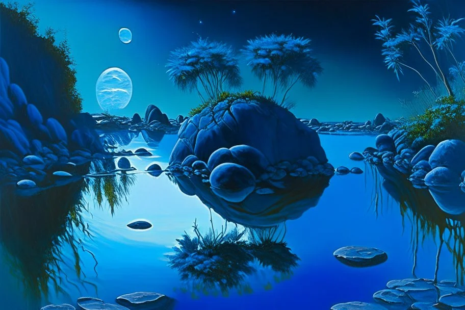 blue exoplanetin the sky, water reflection, rocks, vegetation, otto pippel painting