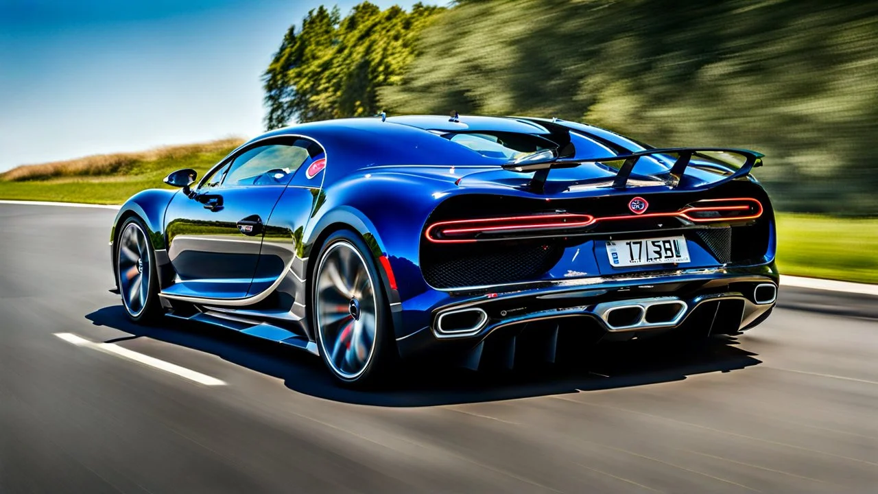 A sleek (((bugatti hyper super chiron 16.4))),, cutting through a (((clear bright blue morning sky))) rear view
