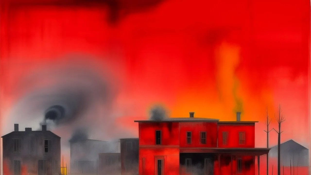 A red old Western town engulfed in smoke painted by Mark Rothko