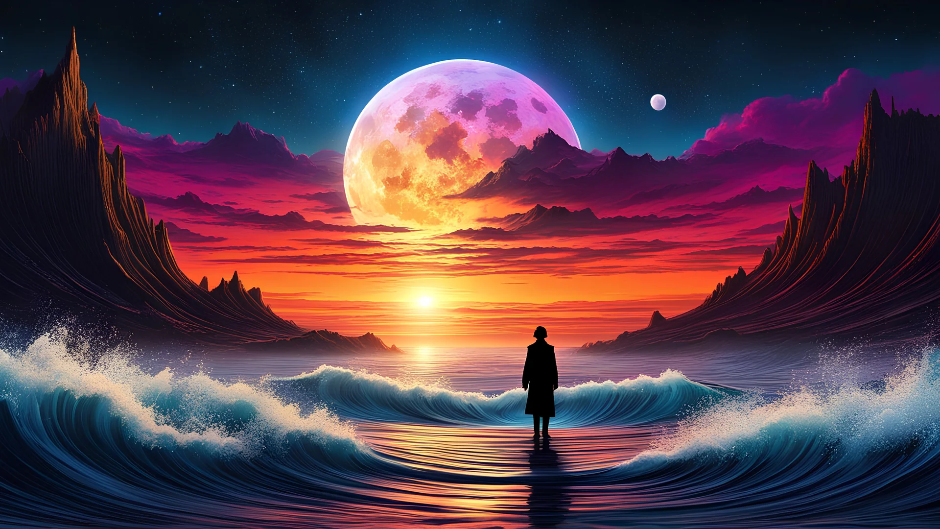 Ultra HD digital painting of a silhouette of a lone figure standing atop undulating waves within a fantastical structure beneath a moonlit sky, stardust-laden fauna passing through a radiant, orb-filled horizon, vivid colors, highly detailed, pen and ink style, perfect composition, octane rendering, trending on ArtStation, 8k artistic photography quality, photorealistic concept art, soft natural light, volumetric, cinematic atmosphere.